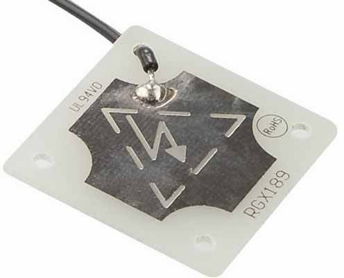 Viereckige Platine mit Metallteilen, Kabelanschluss und Schriftzügen 'UL 94/V0', 'RoHS' und 'PGX189'. Sensor oder elektronische Komponente.