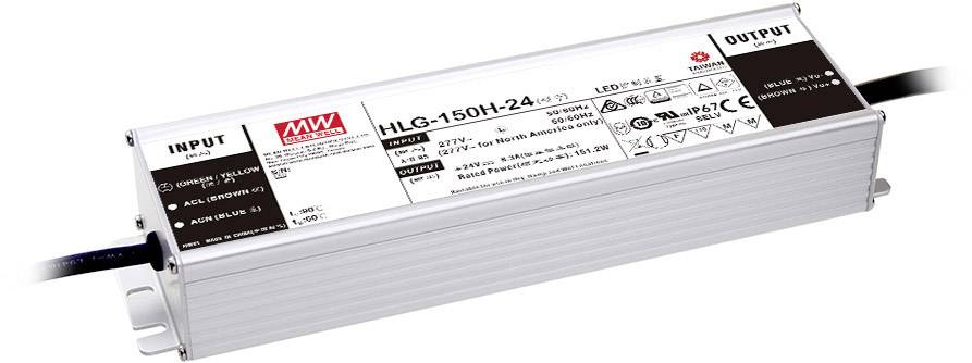 LED-Treiber von Mean Well, Modell HLG-150H-24 mit technischen Spezifikationen auf dem Etikett. Rechteckiges, metallisches Gehäuse.