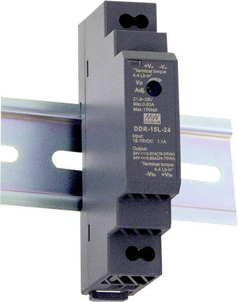 DIN-Schienenmontiertes Netzteilmodul, gekennzeichnet mit 'DDR-15L-24', Eingang 16-28VDC, Ausgang 24V, 0,65A.