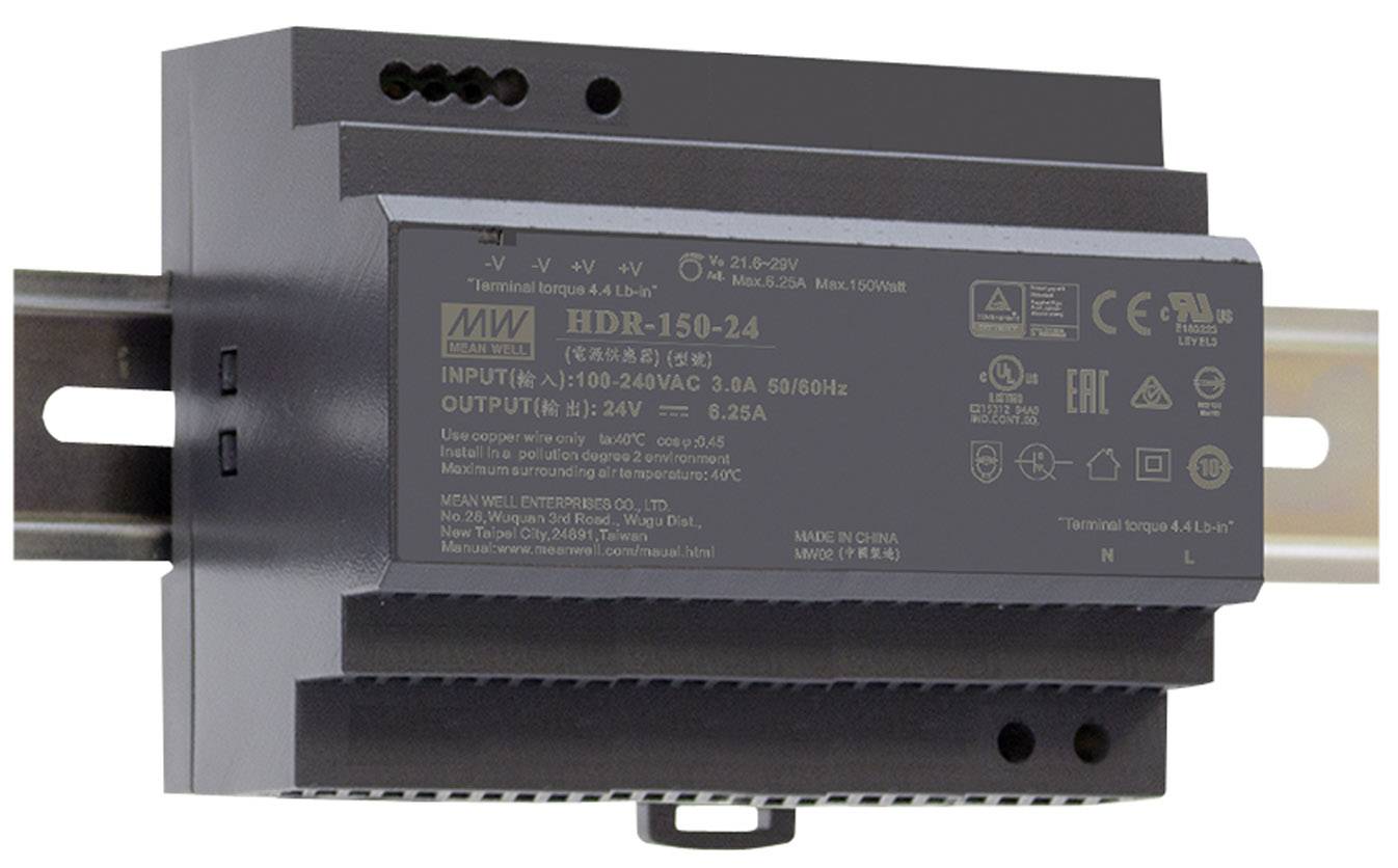 Ein schwarzes Netzteil für Hutschienenmontage mit der Bezeichnung 'HDR-150-24'. Es zeigt technische Spezifikationen und Sicherheitszertifikate.
