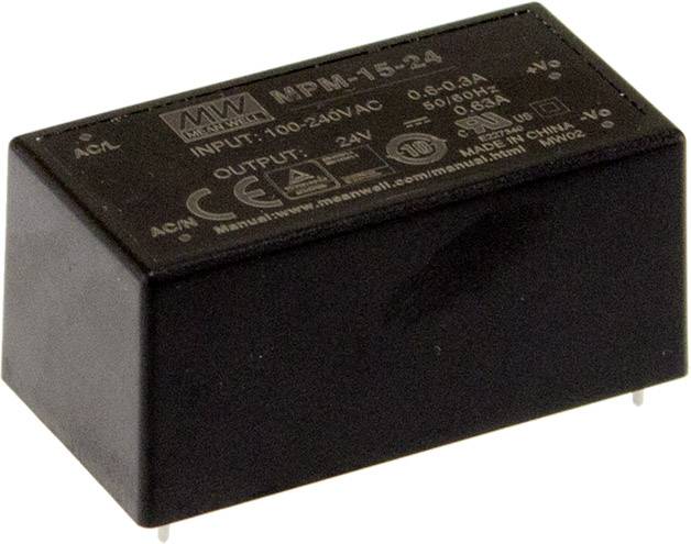 Ein schwarzer AC/DC-Wandler mit den Aufschriften für Modell, Eingangsspannung, Ausgangsspannung und Sicherheitsstandards.