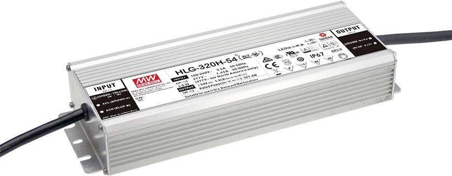 LED-Treiber von Mean Well, Modell HLG-320H-54. Aluminiumgehäuse mit Input- und Output-Kabeln. Wird zur Stromversorgung von LEDs verwendet.