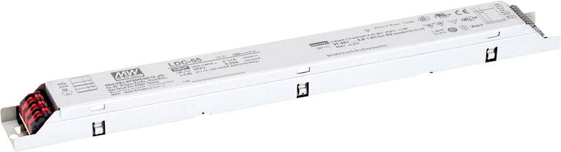 Lang rechteckiges elektrisches Gerät, beschrieben als LED-Treiber, mit technischen Spezifikationen und Zertifizierungslogos aufgedruckt.