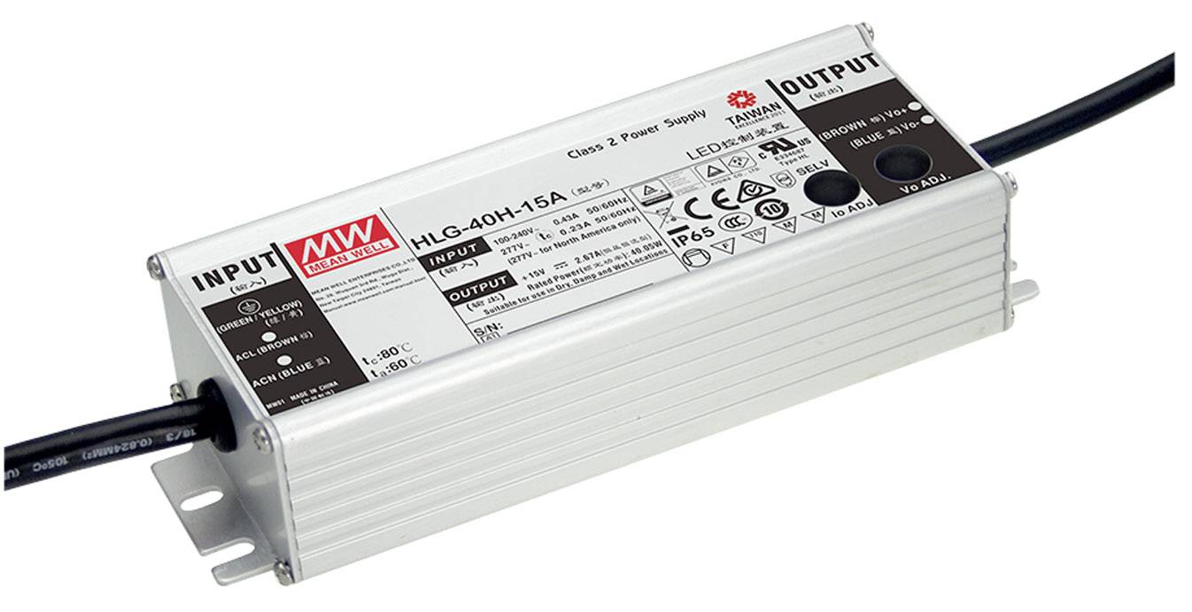 'Mean Well HLG-40H-15A', ein silbernes LED-Schaltnetzteil mit Kabelanschlüssen, umgeben von technischen Spezifikationen und Sicherheitshinweisen.