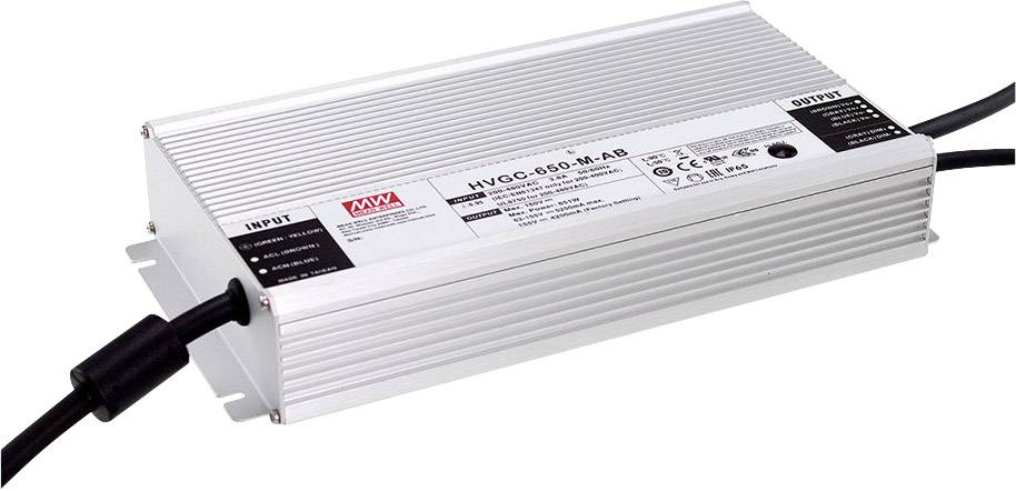 Ein rechteckiges, silbernes, geripptes elektrisches Gerät mit Kabeln an beiden Seiten, beschriftet als 'HVGC-650-M-AB'.