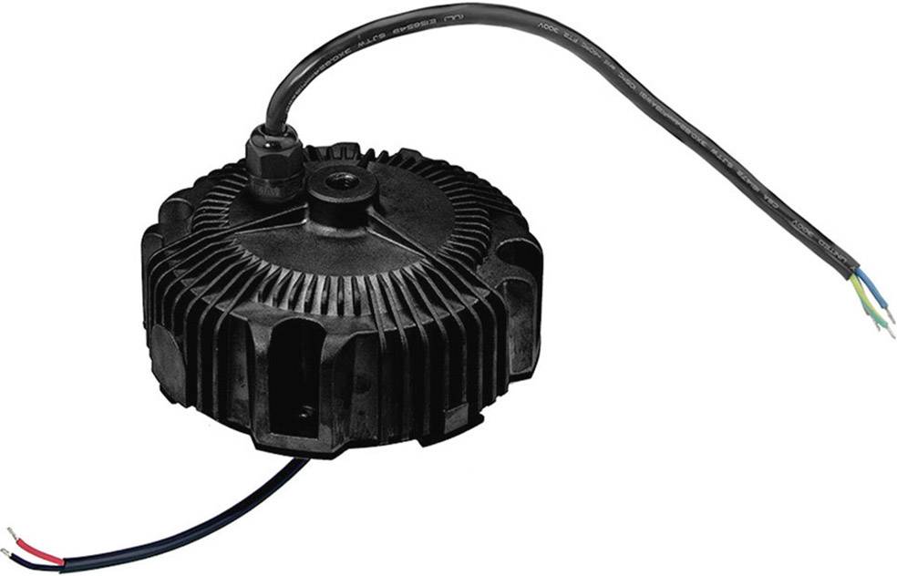 Schwarzes LED-Treibergehäuse mit Kühlrippen, zwei herausragende Kabel zum Anschluss.