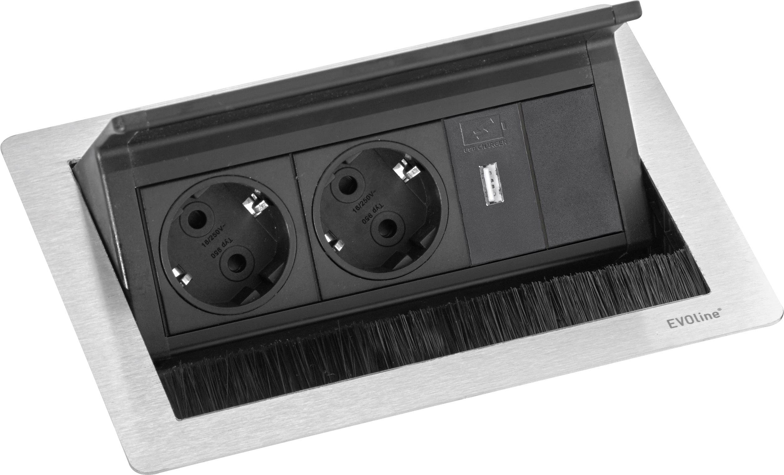 EVOline 159370100000 Einbau-Steckdosenleiste 2fach Edelstahl, Schwarz 1St.