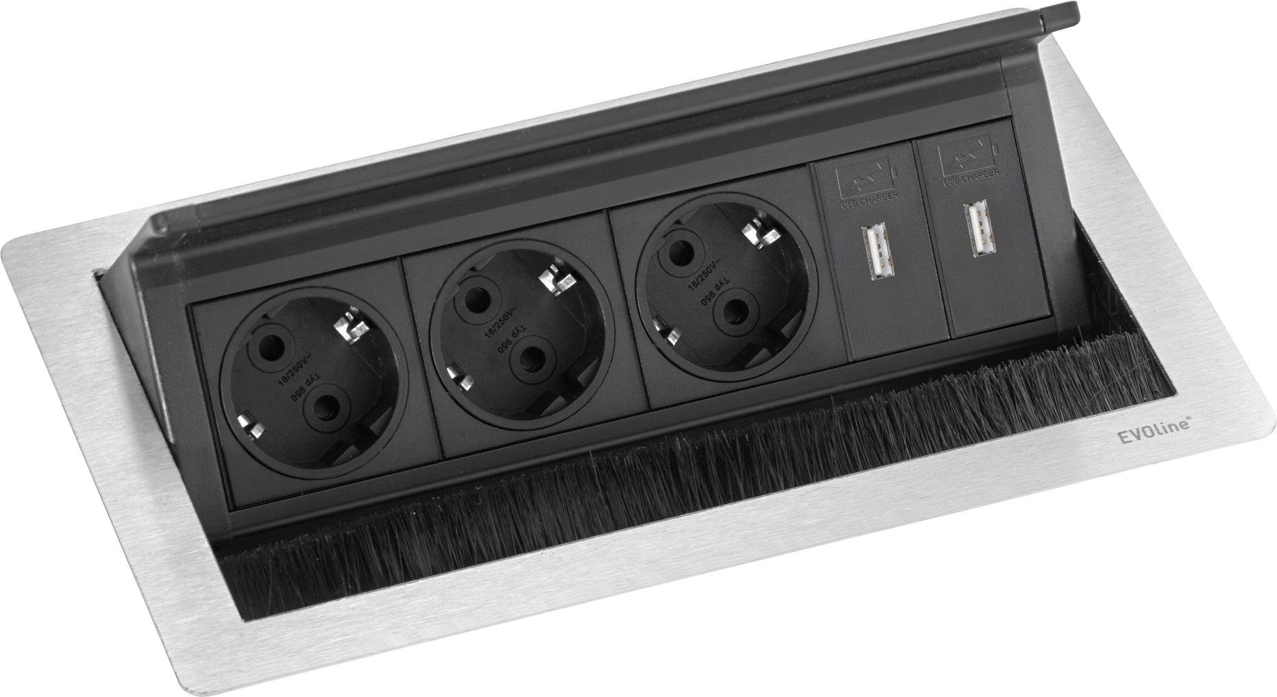 EVOline 159370100100 Einbau-Steckdosenleiste 3fach Edelstahl, Schwarz 1St.