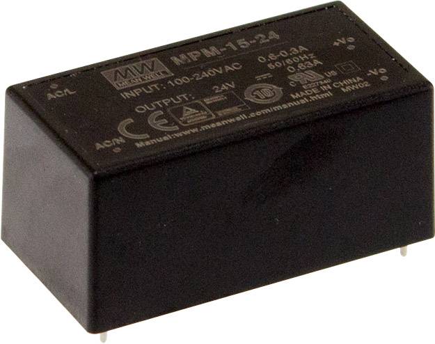 Ein schwarzes Elektronikbauteil mit der Aufschrift 'MPM-15-24'. Es zeigt Eingangs- (100-240VAC) und Ausgangsspezifikationen (24V).