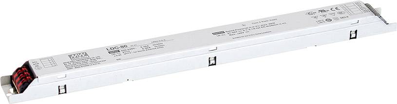 Langes, rechteckiges elektrisches Gerät, möglicherweise ein LED-Treiber, mit Anschlüssen auf der linken Seite und technischen Details auf dem Gehäuse.