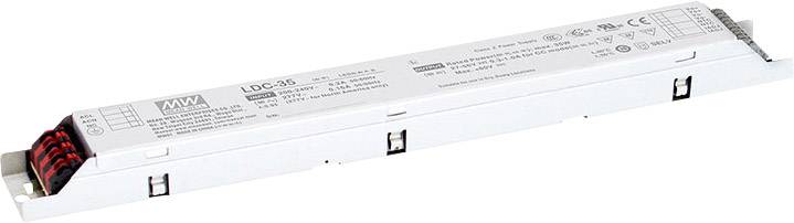 Ein rechteckiges elektrisches Gerät mit Anschlüssen und technischen Informationen auf der Oberseite, möglicherweise ein LED-Treiber.