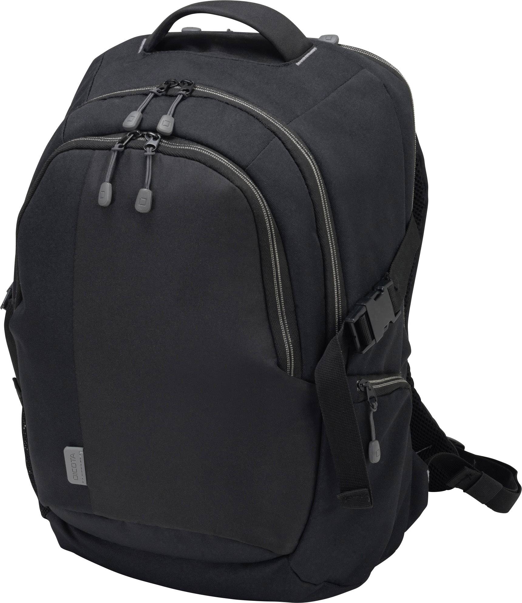 Schwarzer Rucksack mit mehreren Fächern und Reißverschlüssen, geeignet für den täglichen Gebrauch oder Reisen.