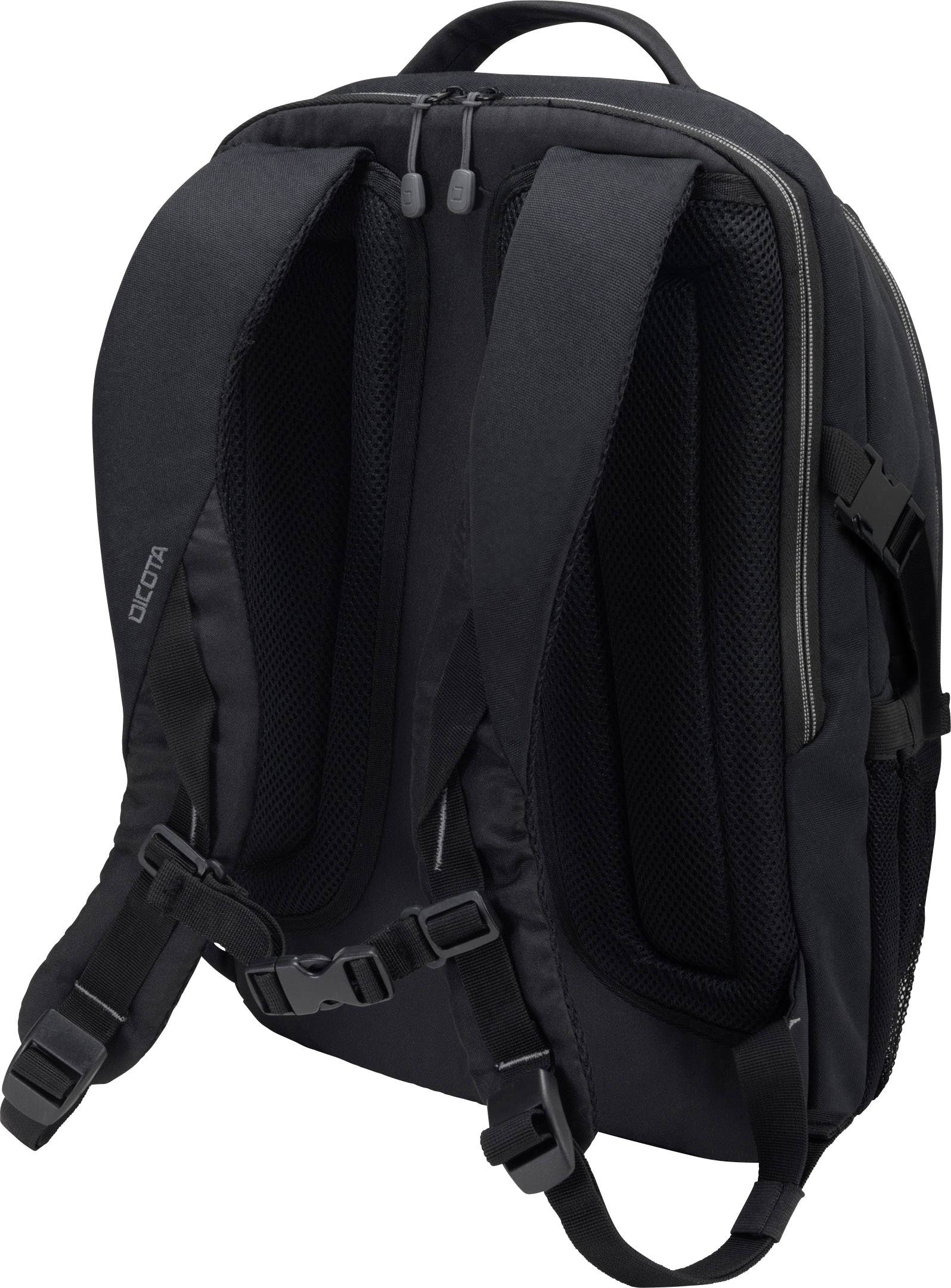 Schwarzer Rucksack aus Textilgewebe mit gepolsterten, verstellbaren Schulterriemen und seitlichen Schnallen. Ideal für den täglichen Gebrauch.