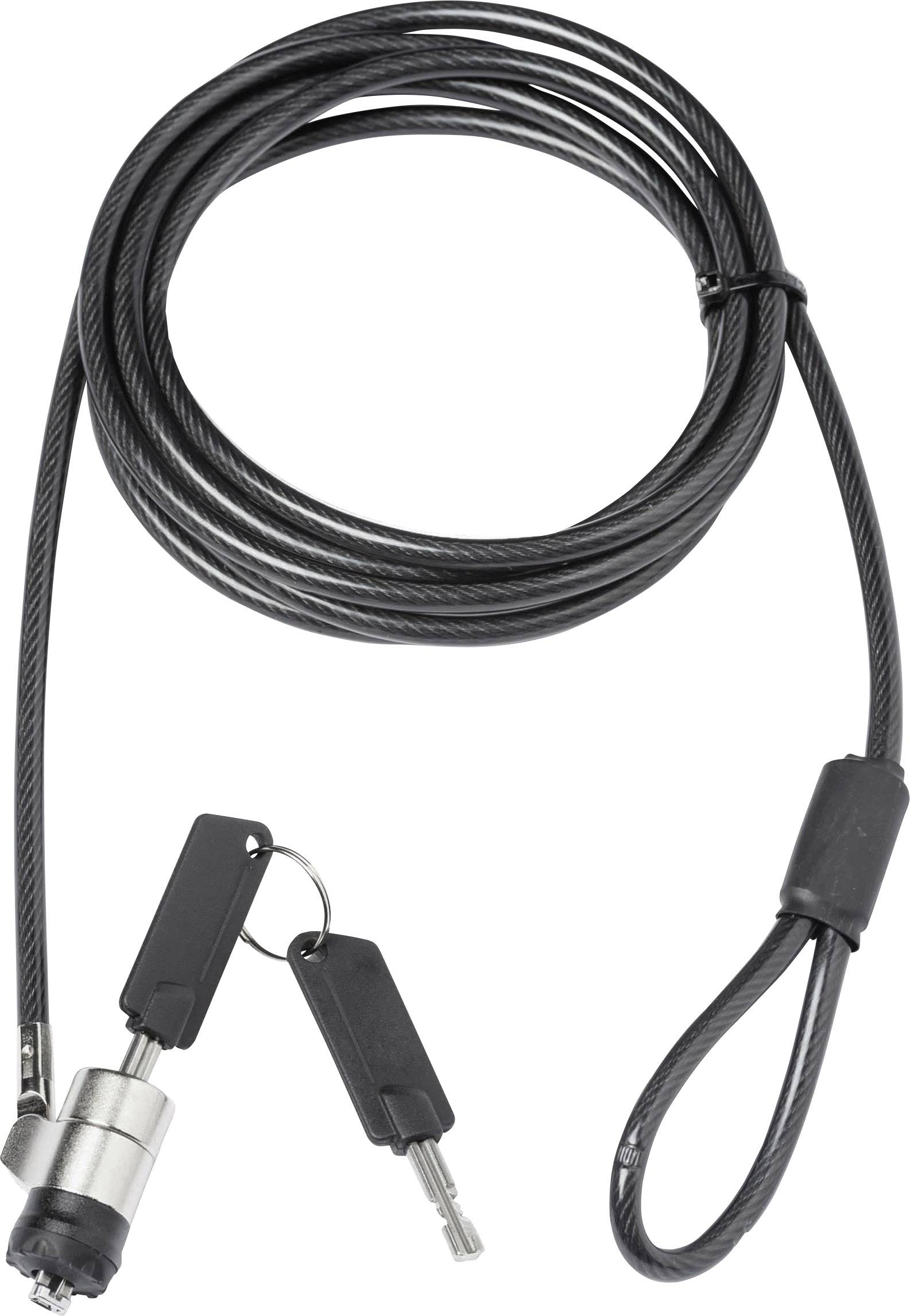 Ein schwarzes Kabelschloss mit zwei Schlüsseln. Das Schloss ist zylinderförmig und das Kabel ist spiralförmig aufgewickelt.