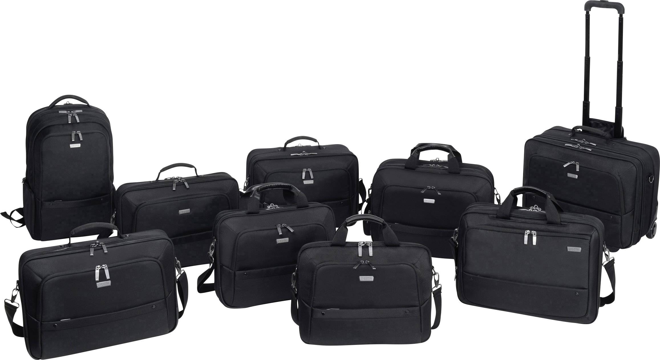 Eine Sammlung von neun schwarzen Gepäcktaschen unterschiedlicher Größe, darunter Rucksäcke, Hand- und Rollkoffer.