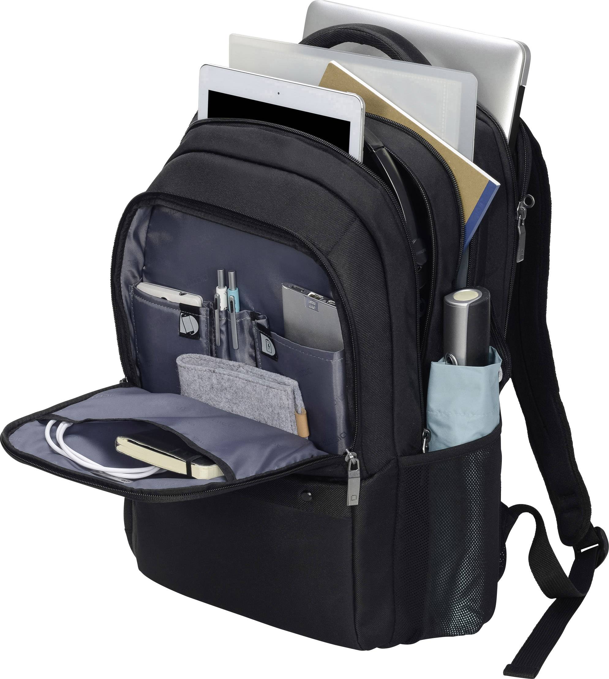 Schwarzer Rucksack mit mehreren Fächern, gefüllt mit einem Laptop, Tablet, Notizbüchern und Stiften. Ideal für Reisen und Arbeit.