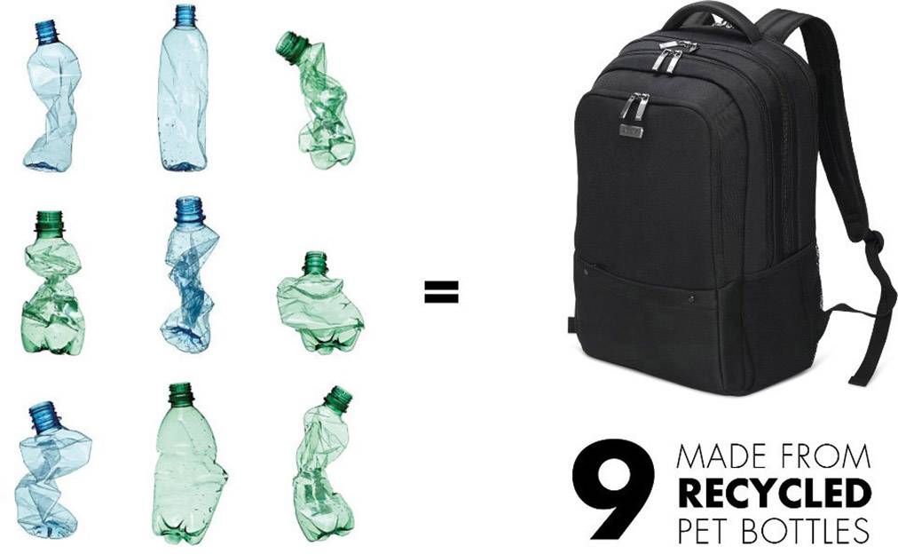 'Neuer Rucksack aus 9 recycelten PET-Flaschen' zeigt links deformierte Flaschen, rechts fertigen schwarzen Rucksack.