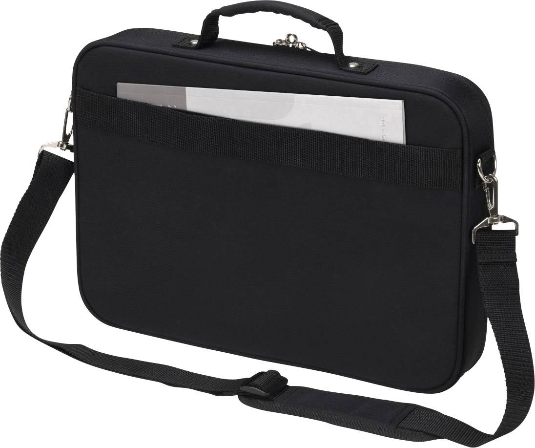 Eine schwarze Aktentasche mit einem Schultergurt. In der Außentasche steckt ein Dokument.