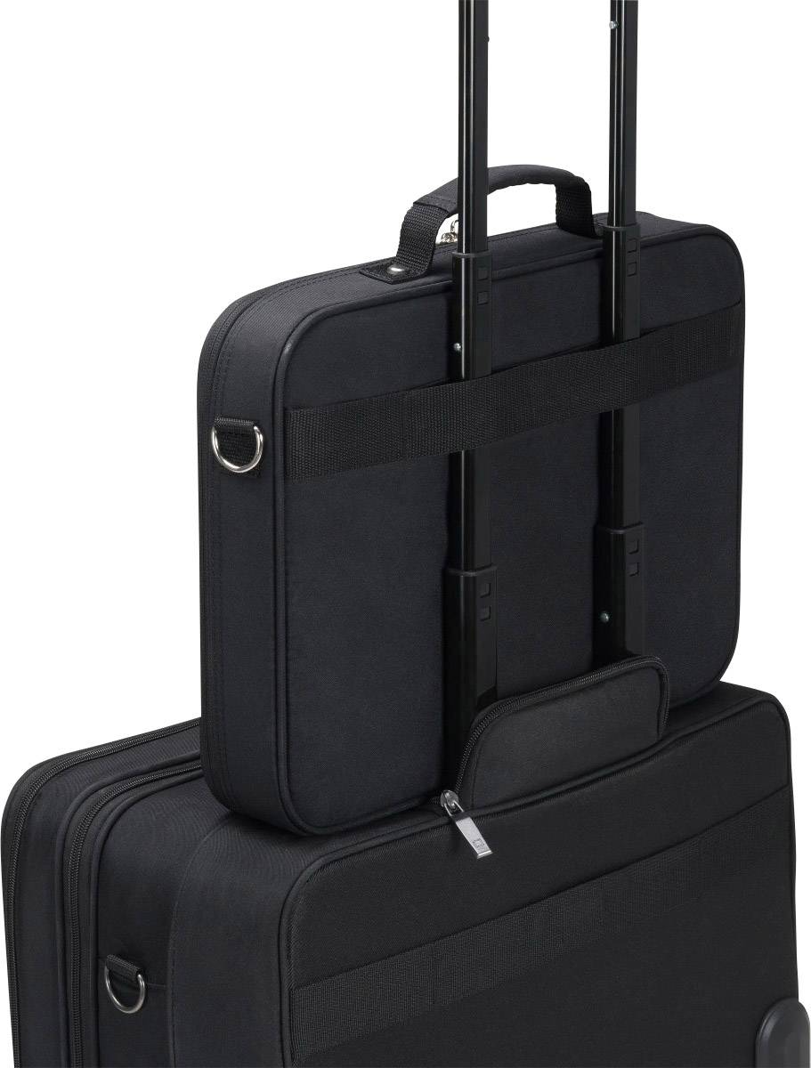 Ein schwarzer Trolley-Reisekoffer mit einer darauf befestigten Tragetasche. Der Koffer hat erweiterbare Griffstangen.