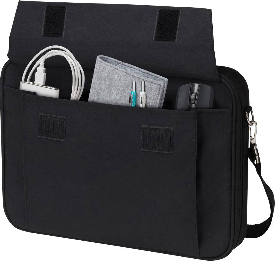 Eine schwarze Laptoptasche mit aufgesetzten Taschen, die eine Maus, Ladegerät, Stift und Notizbuch enthält.