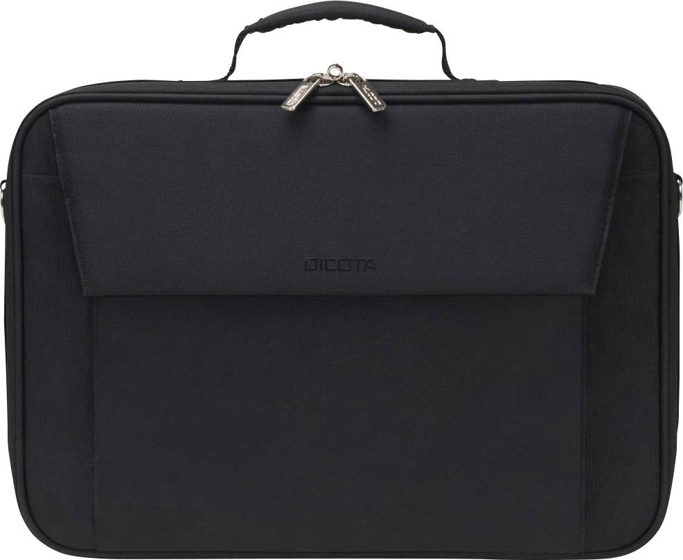 Schwarze Laptop-Tasche mit zwei Reißverschlüssen und einem Tragegriff. Simple, funktionale Gestaltung für sicheren Transport von Laptops.