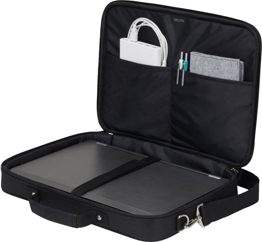 Eine offene schwarze Laptoptasche zeigt Innenfächer mit einem Ladegerät, Kabeln und Stiften. Hauptfach mit geschlossenem Laptop.