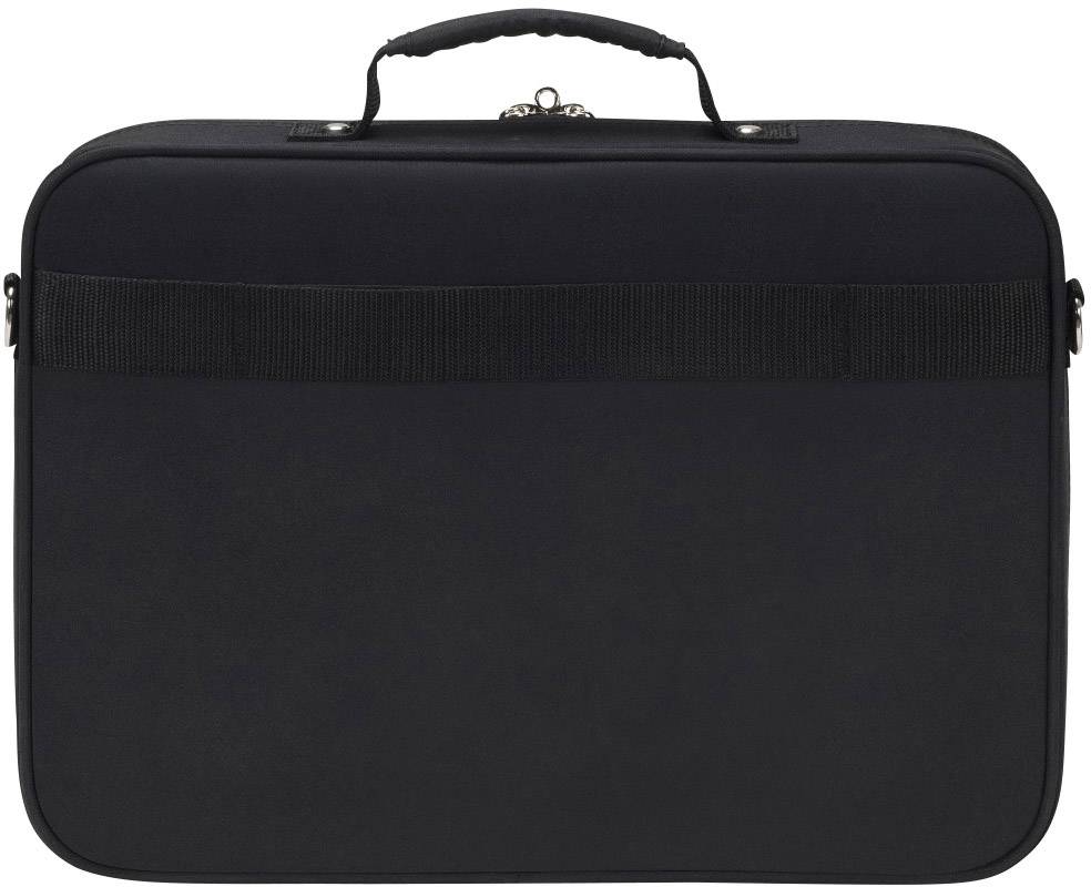 Schwarze Laptop-Tasche mit Griff, rechteckige Form, schlichtes Design, eignet sich zum Transport eines Laptops.