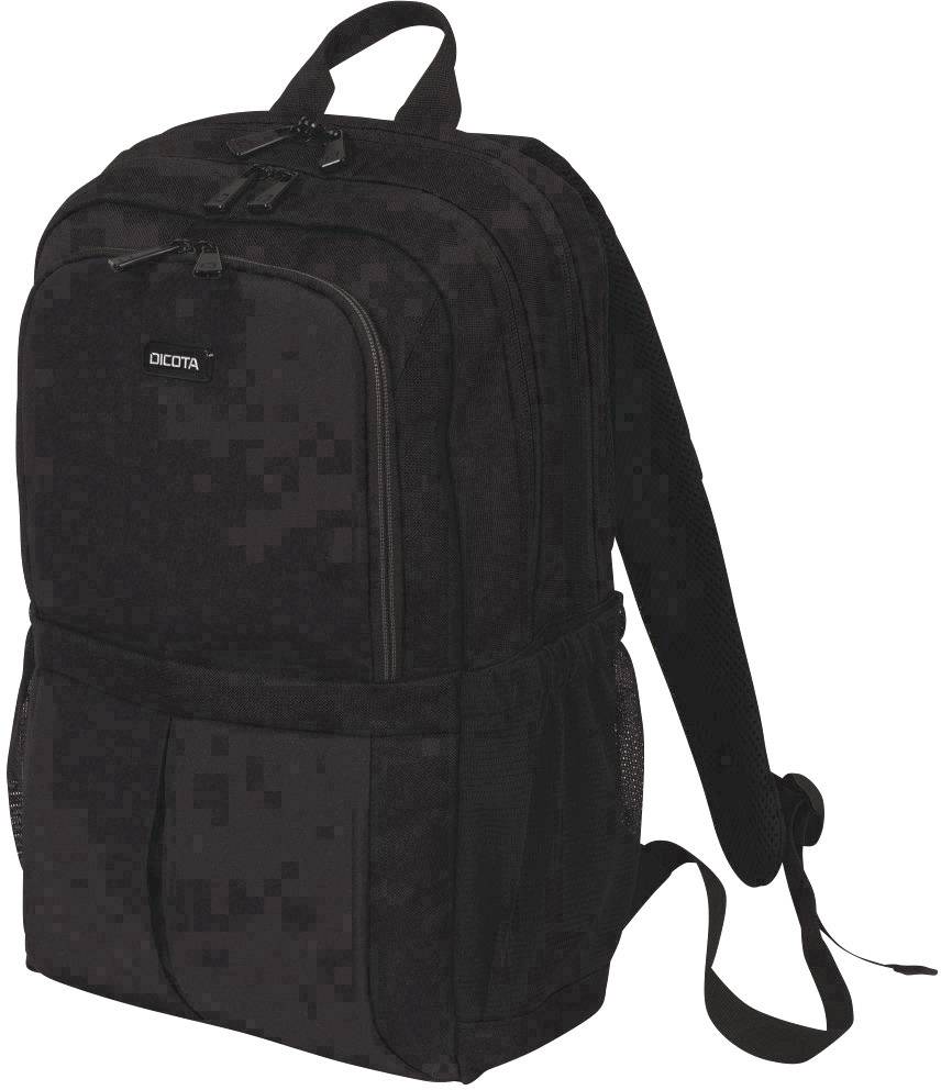 Ein schwarzer Rucksack mit Pixelmuster, zwei Hauptfächern und verstellbaren Schultergurten. Markenschild auf der Vorderseite.