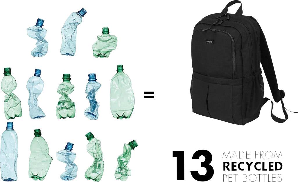 Abbildung zeigt 13 zerdrückte PET-Flaschen neben einem Rucksack. Text: 13 aus recycelten PET-Flaschen hergestellt.