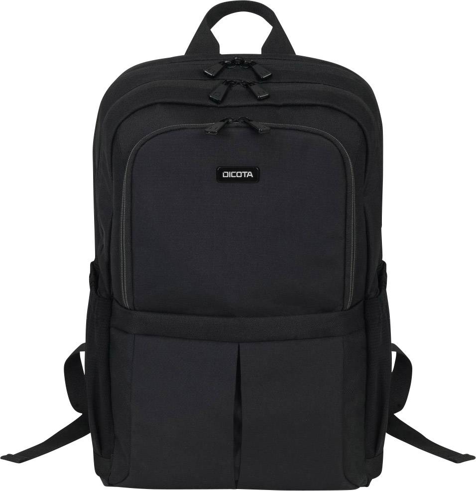 Ein schwarzer Rucksack mit mehreren Fächern, zwei Reißverschlüssen oben und einem Tragegriff.