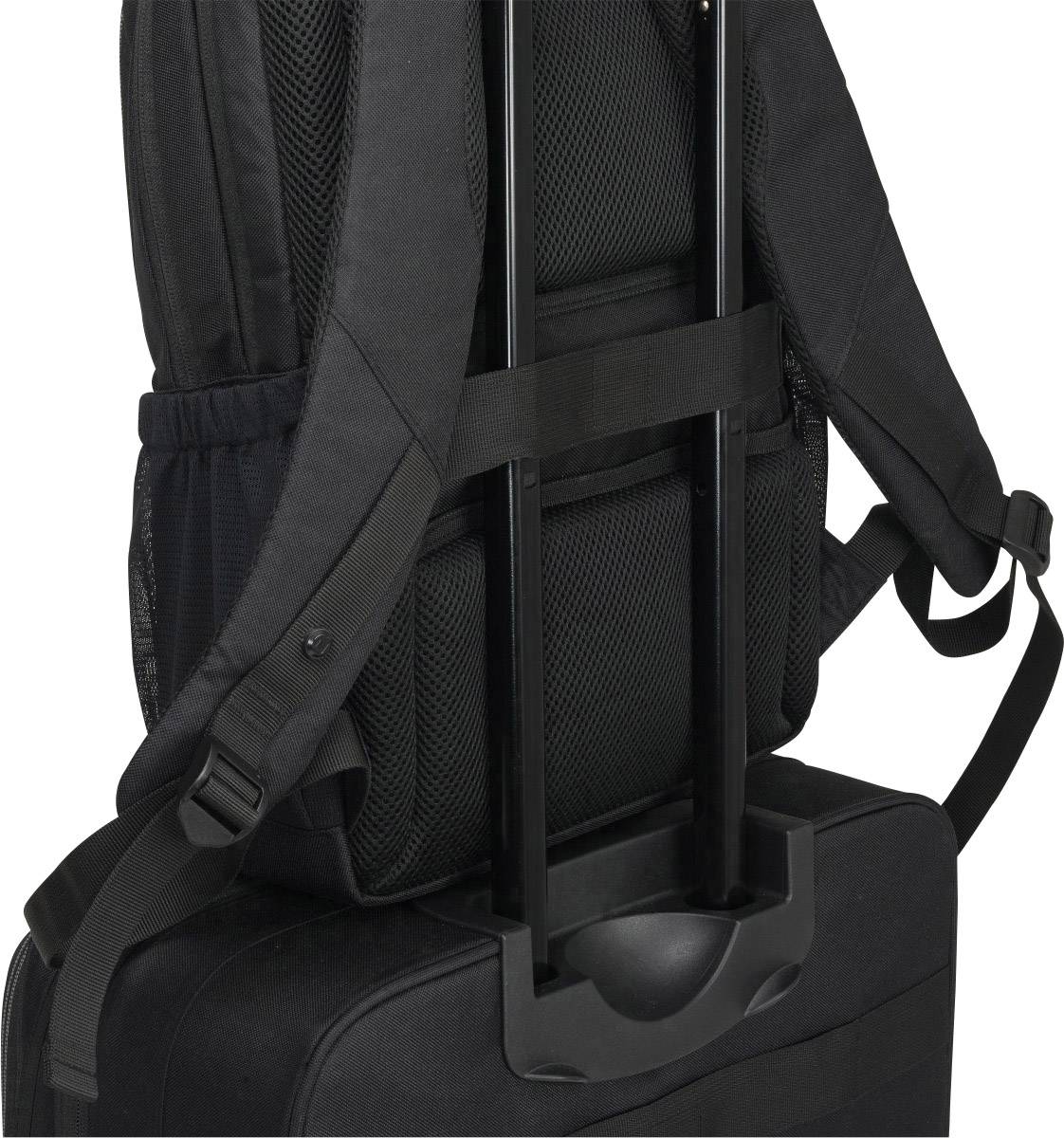 Ein schwarzer Rucksack, der auf einem Koffer sitzt, zeigt zwei verstellbare Gurte und einen Teleskopgriff. Ideal für Reisen.