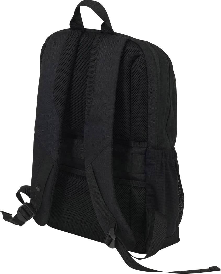 Ein schwarzer Rucksack mit verstellbaren Schulterriemen und einer Rückseite aus Netzmaterial, aufrecht stehend.