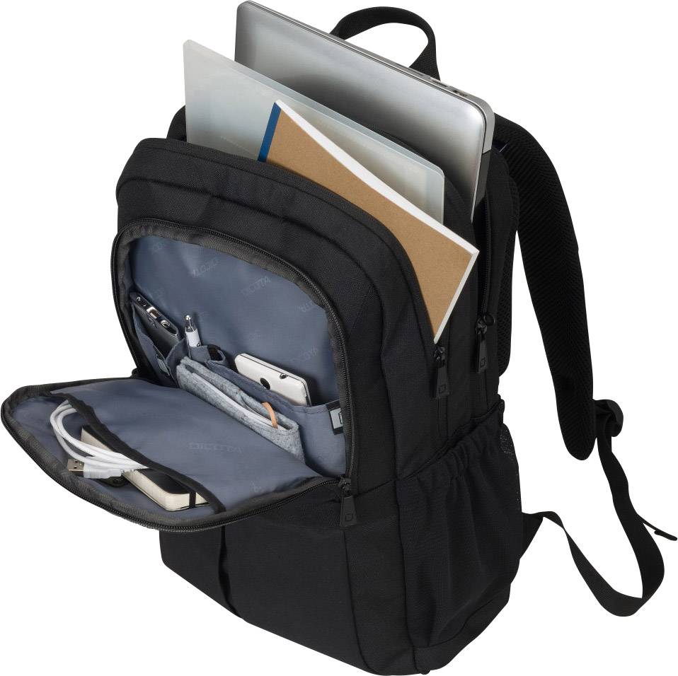 Ein geöffneter Rucksack zeigt einen Laptop, ein Tablet, Notizbücher und diverse Kabel in verschiedenen Fächern. Ideal für den Büroalltag.