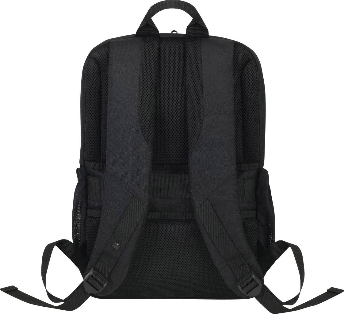 Ein schwarzer Rucksack von hinten, mit zwei gepolsterten, verstellbaren Schultergurten und atmungsaktivem Material an der Rückseite.