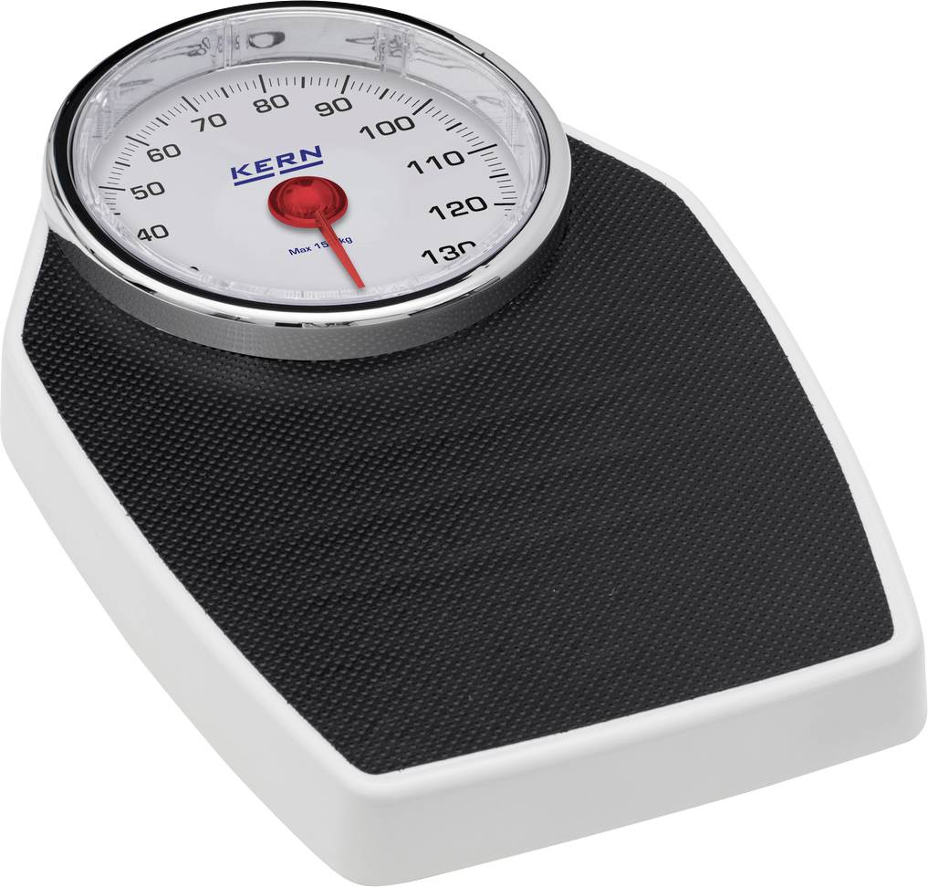 Analoge Personenwaage mit schwarzem Standbereich und runder Skala, zeigt Gewicht in Kilogramm.