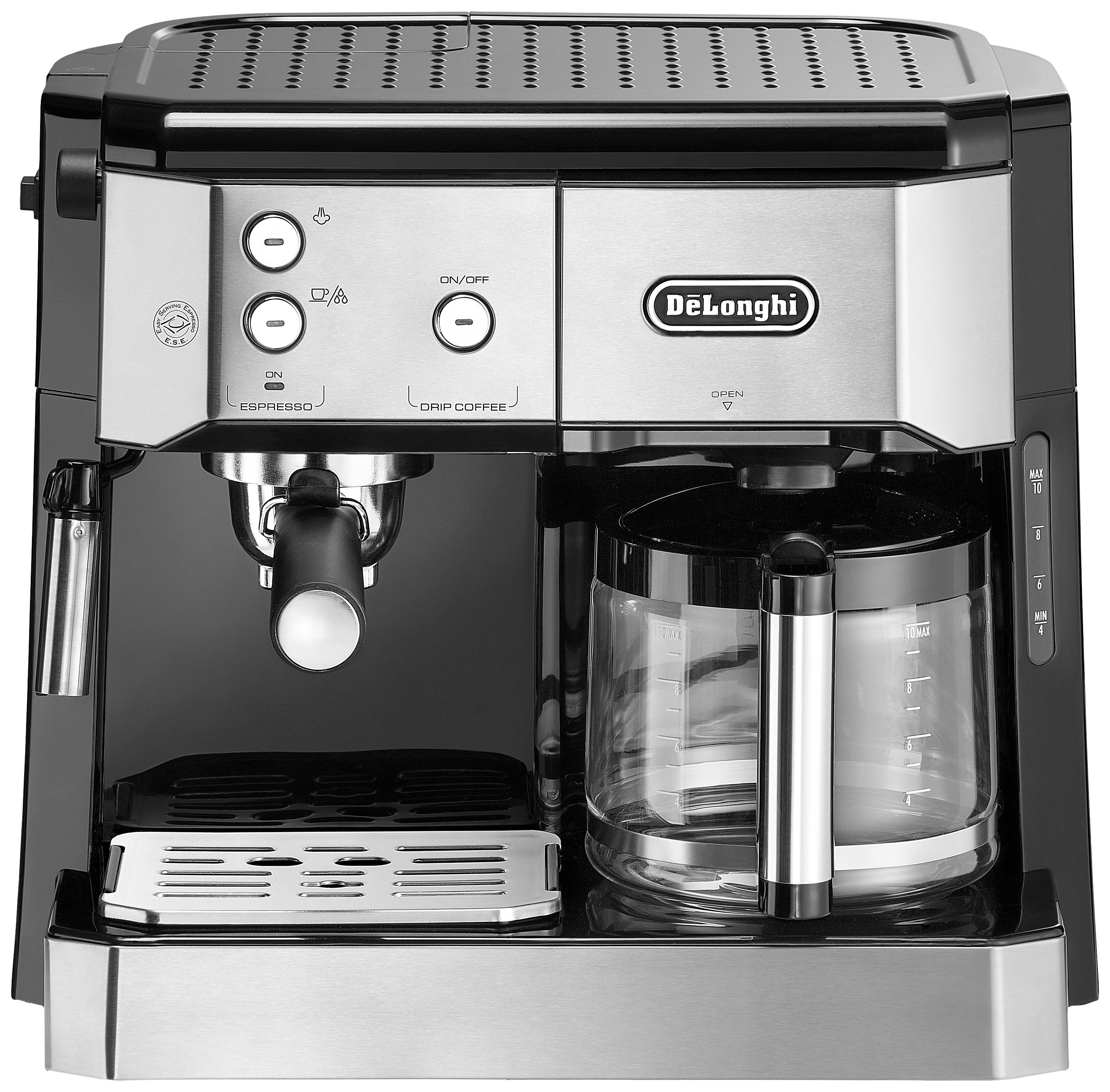 DeLonghi BCO 421.S Espressomaschine mit Siebträger Edelstahl, Schwarz Fassungsvermögen Tassen=10 Glaskanne, mit Filterkaffee-Funktion