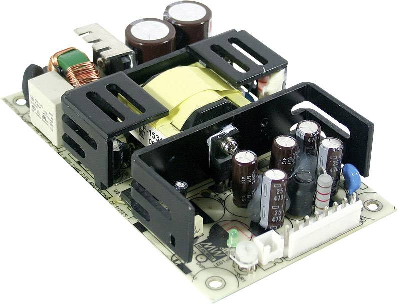 Ein offenes Schaltnetzteil mit Transformator, Kondensatoren und anderen elektronischen Bauteilen auf einer Leiterplatte montiert.