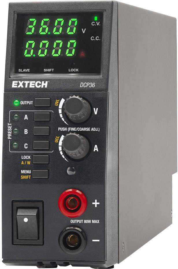 Elektronisches Gerät von Extech, Modell DCP36, mit Anzeige für Spannung und Stromstärke. Regler und Anschlüsse an der Vorderseite.