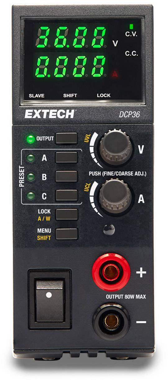 'Extech DCP36' Labor-Netzgerät mit digitaler Anzeige für Spannung (Volt) und Strom (Ampere). Mehrere Tasten zur Einstellung und Anzeige.