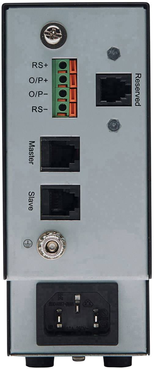 Ein graues elektronisches Gerät mit mehreren Ports: RS+, RS-, O/P+, O/P-, zwei Ethernet-Anschlüssen und einem Netzanschluss unten.