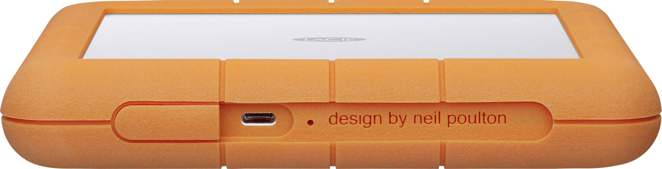 Eine orange, robuste Festplatte mit USB-C-Anschluss, darauf steht 'design by neil poulton'.