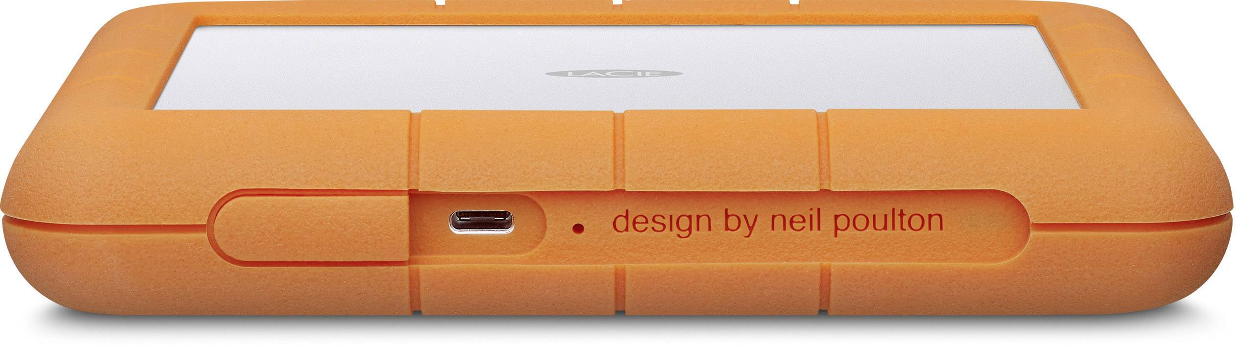 Ein orangefarbenes externes Festplattengehäuse mit USB-Anschluss, entworfen von Neil Poulton, bietet stoßfesten Schutz für Daten.