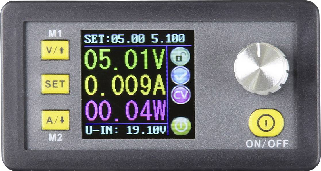 Elektronisches Display zeigt Werte: Spannung '05.01V', Strom '0.009A', Leistung '00.04W', Eingangsspannung '19.10V'. Drehknopf und Tasten vorhanden.