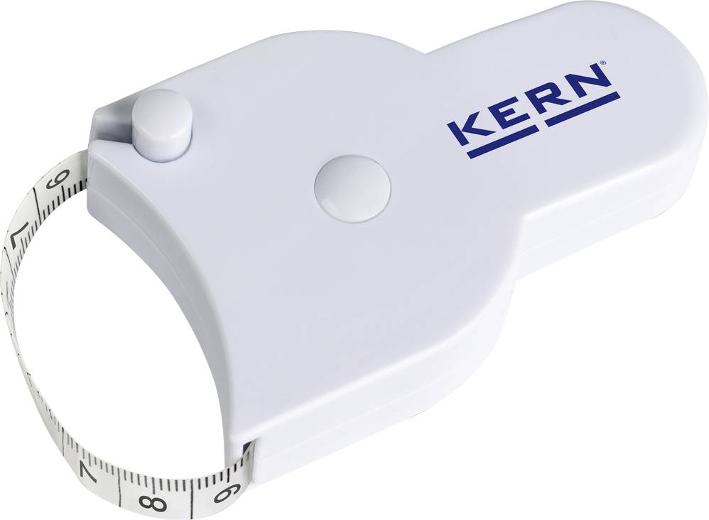 Maßband mit Gehäuse der Marke KERN, sichtbar aufgerollt.