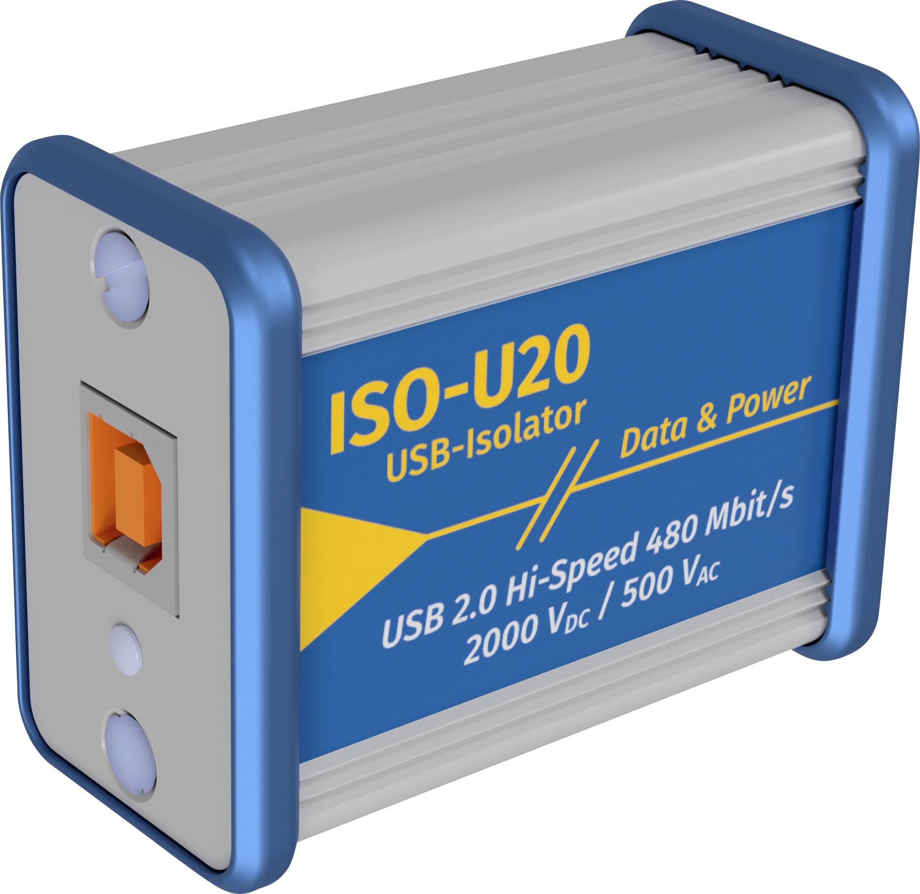 Ein USB-Isolator mit der Aufschrift 'ISO-U20', bietet High-Speed-Verbindungen bis zu 480 Mbit/s und Isolation bis zu 2000 VDC/500 VAC.