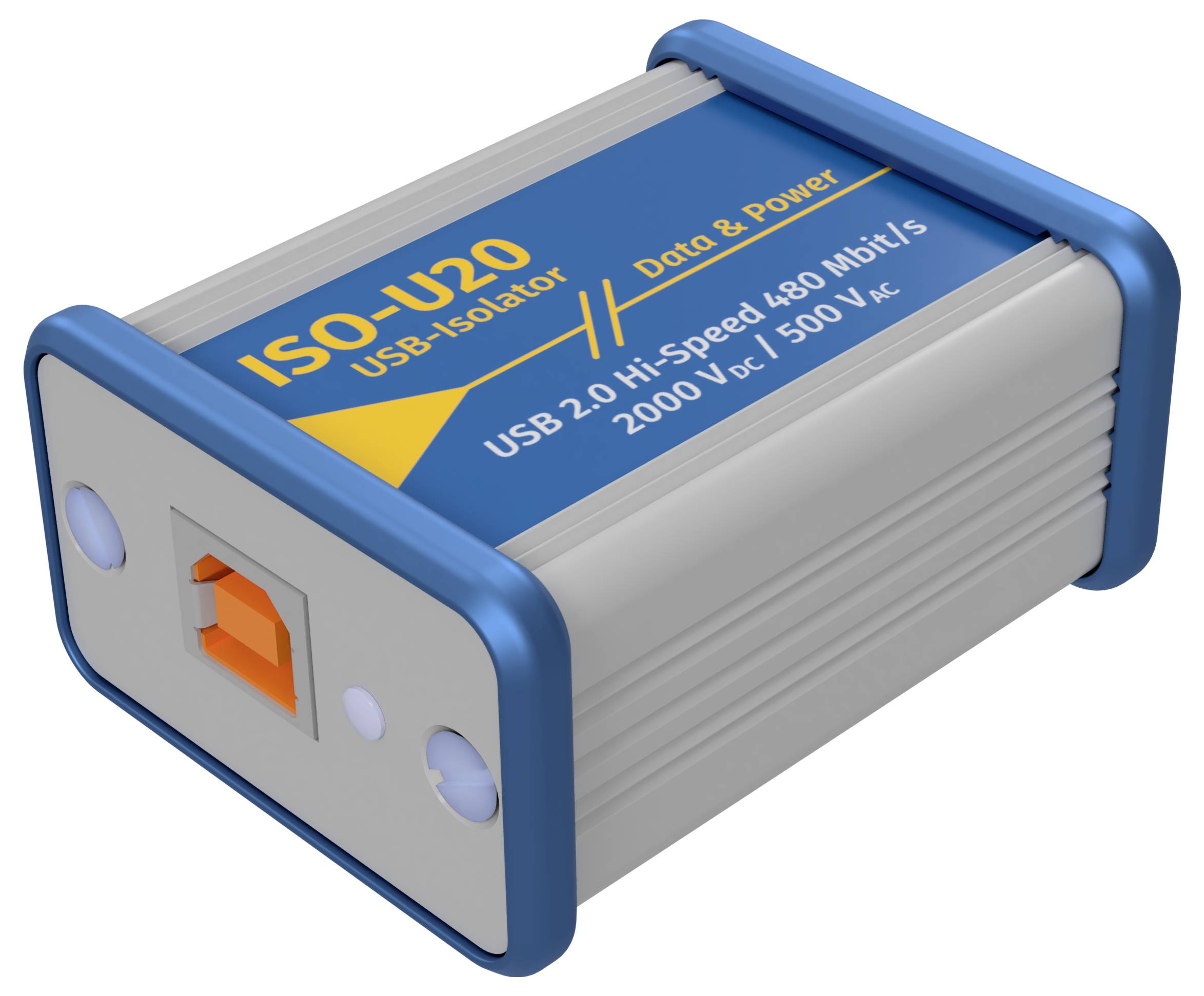 Blauer und silberner USB-Isolator mit der Aufschrift 'ISO-U20'. Bietet USB 2.0 Hi-Speed, 480 Mbit/s, 2000V AC Isolierung.