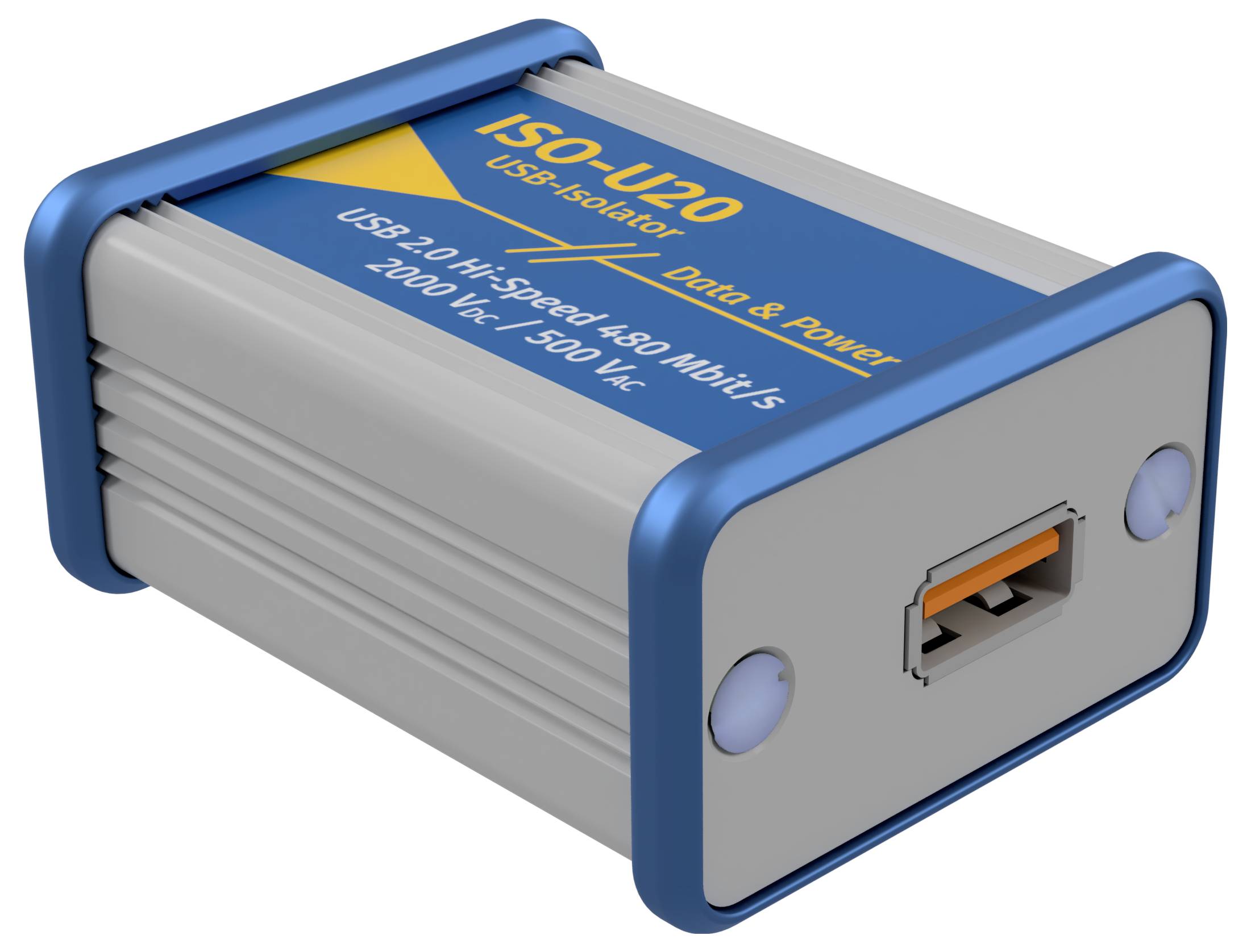 Ein USB-Isolator-Gerät mit der Aufschrift 'ISO-U20'. Es unterstützt USB 2.0 mit 480 Mbit/s und bietet eine Isolation von 2000 Vrms.