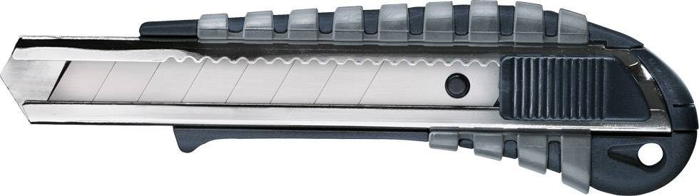 Ein ausfahrbares Teppichmesser mit grauem Griff und silberner Klinge. Steckmechanismus zum Einstellen der Klingenlänge.