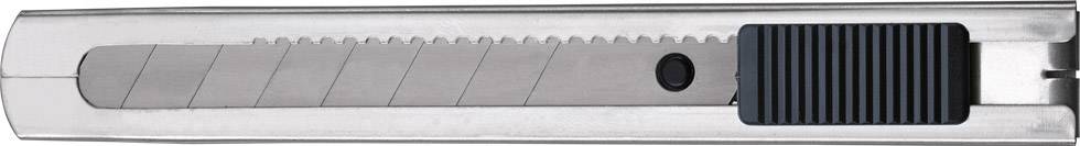 Ein silbernes Teppichmesser mit schwarzem Schieber liegt auf weißem Hintergrund.