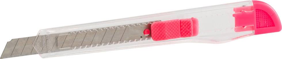 Ein rosa Teppichmesser mit ausziehbarer Klinge und transparentem Griff, geeignet für präzises Schneiden von Papier und dünnen Materialien.